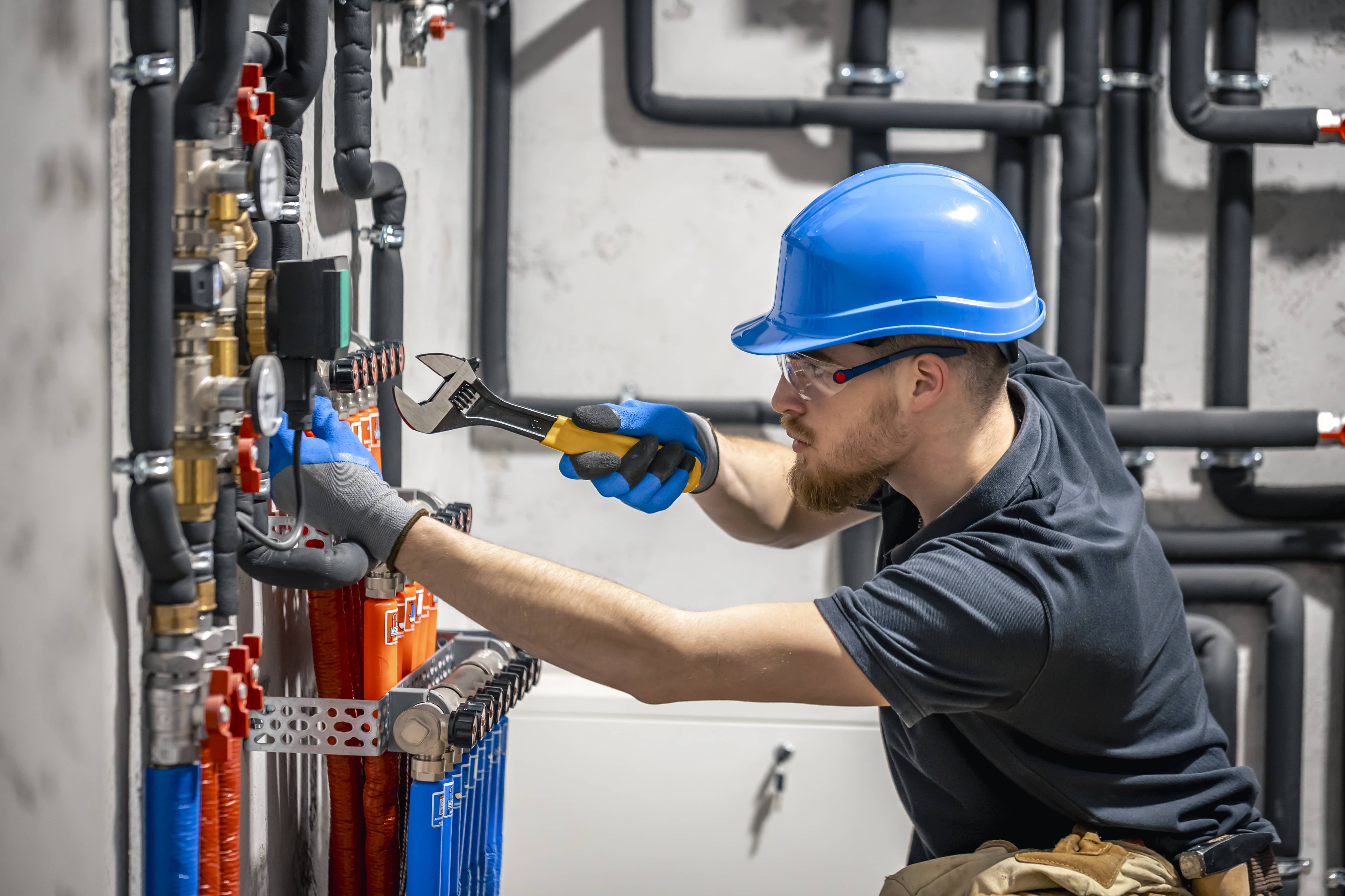 Plumber working on a mechanical room piping system