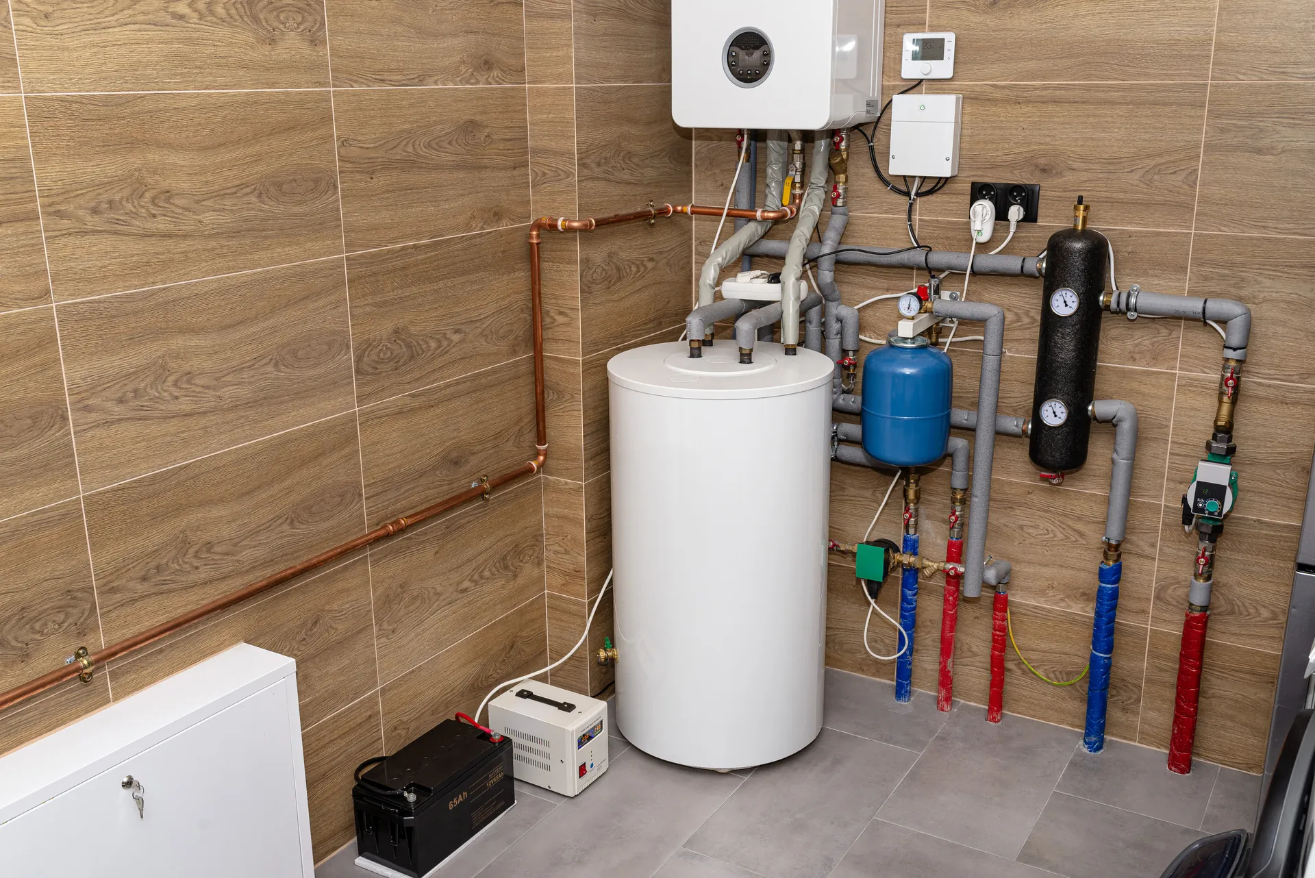 Clean water heater installation in a plumbing utility room